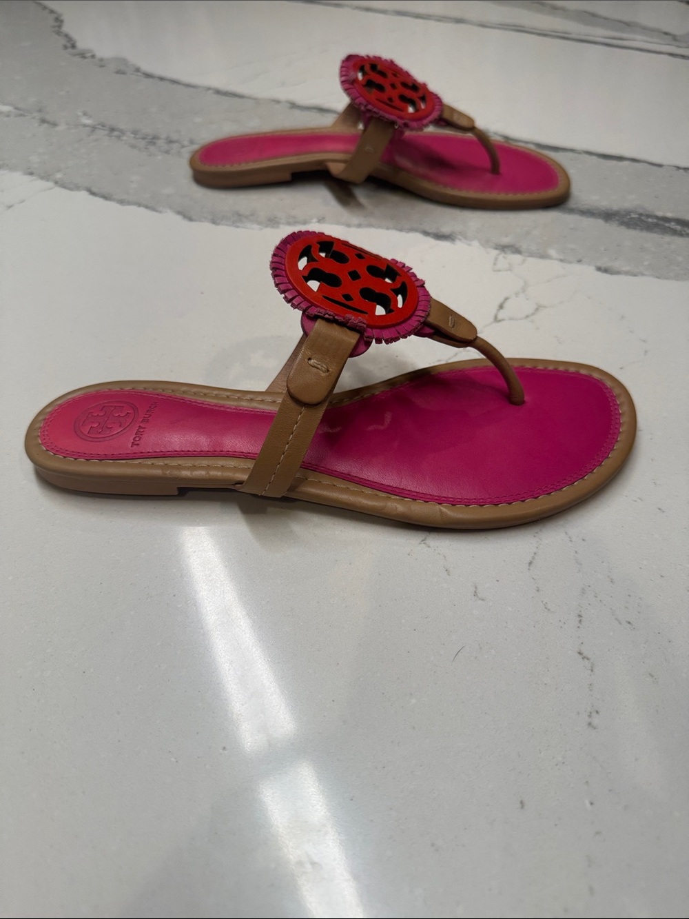 Tory Burch Pink and Tan Leather Fringe Miller Sandals Worn Once Sz8.5 - Picture 5 of 5